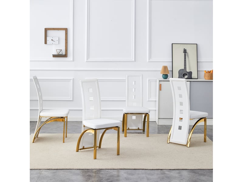 Chaise de salle à manger lot de 4 avec dossier ajouré et assise rembourrée en polyuréthane blanc et métal doré - Conforama B
