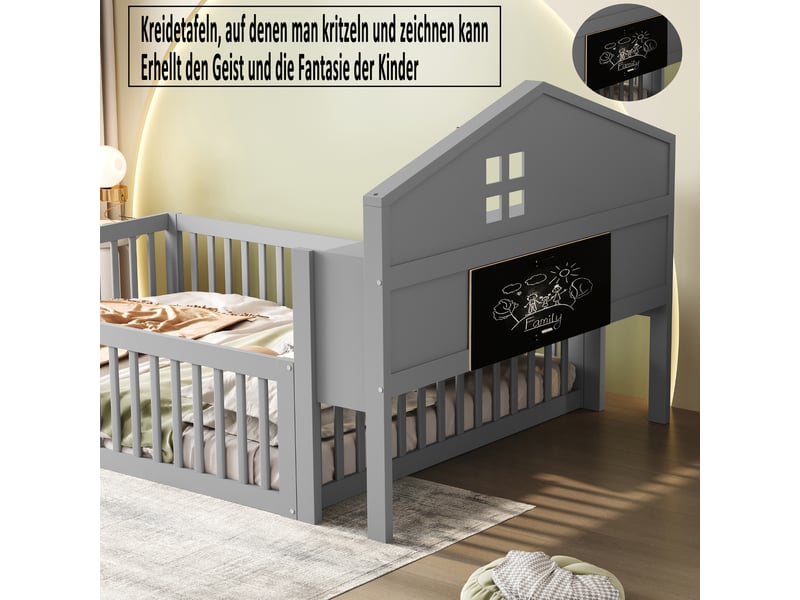  Lit enfant 140x200 cm avec étagère, tableau noir, garde-corps et sommier, forme de maison, bois gris, sans matelas  - Conforama E