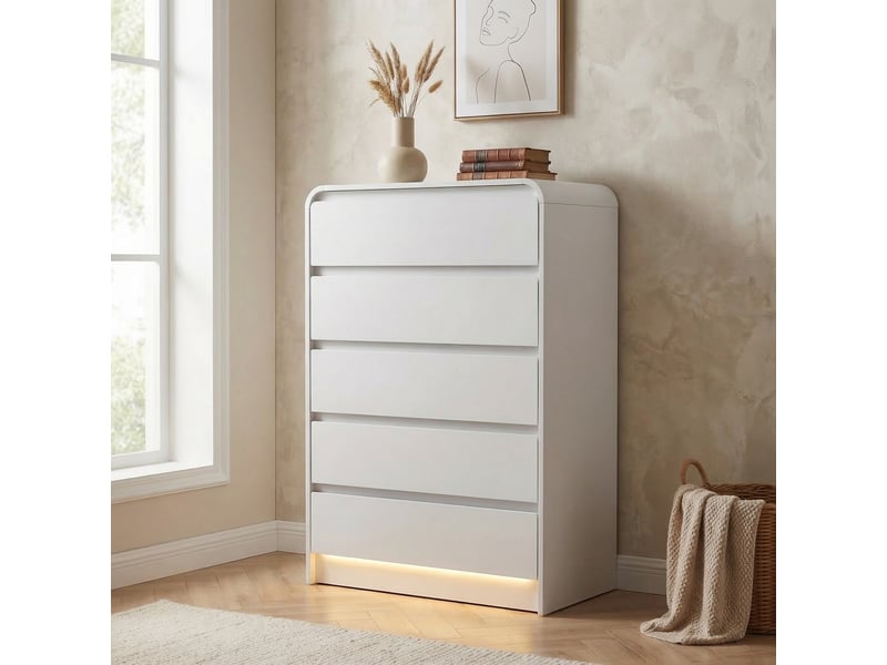  Commode blanche 5 tiroirs, commode chambre, led rgb et anti-basculement, meuble de rangement 73x40x110 cm, armoire en bois, blanc  - Conforama B