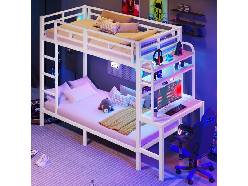 Lit superposé enfant 90x200 cm avec bureau intégré, étagères, led multicolore via app, usb, garde-corps et échelle, métal blanc Radiant Stride - Conforama B