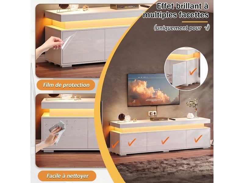  Meuble tv 150 cm blanc avec led - 3 portes finition brillante - rangement salon  - Conforama E