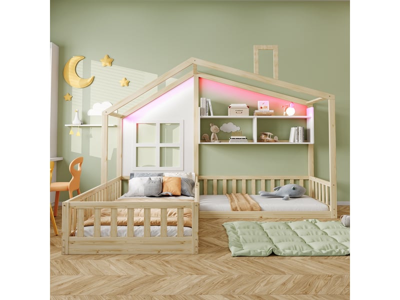  Lit enfant 90x200 cm (140x70 cm), coloris bois naturel et blanc, led, étagères et protection.  - Conforama E