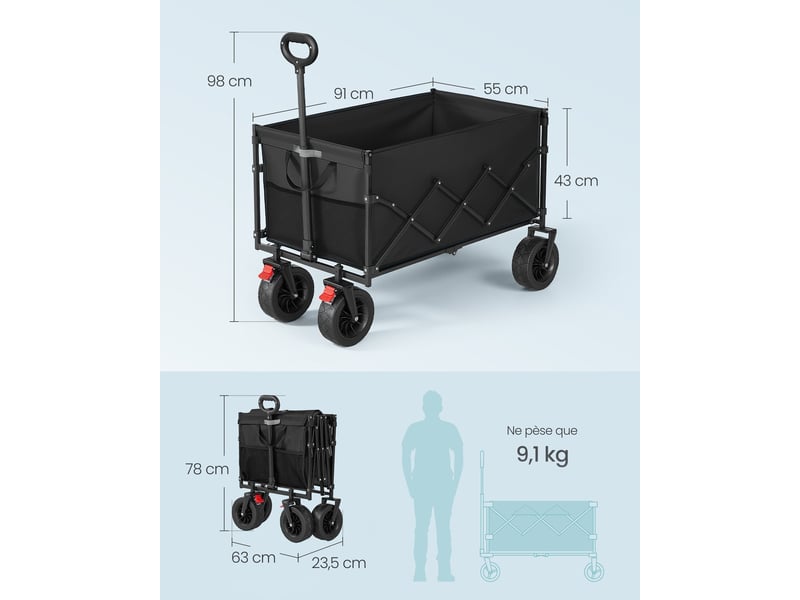  Chariot de transport pliable extérieur jardin 55 x 91 x 98 cm 200 l charge 180 kg design pratique en plastique noir 12_0013022  - Conforama B
