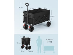 Chariot de transport pliable extérieur jardin 55 x 91 x 98 cm 200 l charge 180 kg design pratique en plastique noir 12_0013022