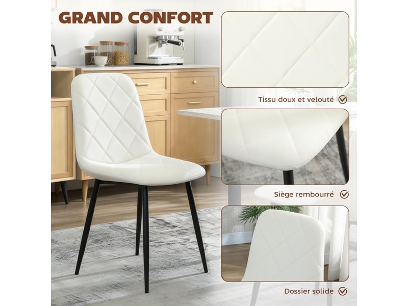  Lot de 4 chaises de salle à manger rembourrées avec dossier haut, pieds en acier et tissu effet velours, crème  - Conforama D