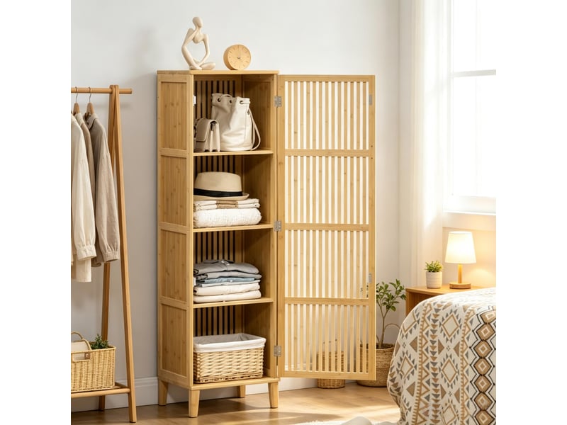  Colonne de rangement modèle modern, porte à lames ventilées, armoire haute compacte, étagère polyvalente  - Conforama E