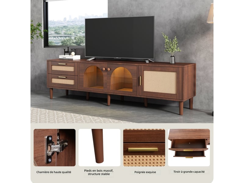  Meuble tv 180 cm marron pour écran 80 pouces en panneaux de particules avec 2 tiroirs en rotin 2 portes en verre incurvé 1 porte en rotin et éclairage led evarich - Conforama B