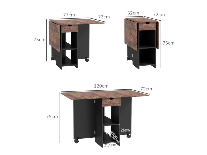  Table de cuisine pliante à roulettes avec tiroir rabattable et étagères pour 2 à 4 personnes, 120 x 72 x 75 cm, marron rustique et noir  - Conforama E