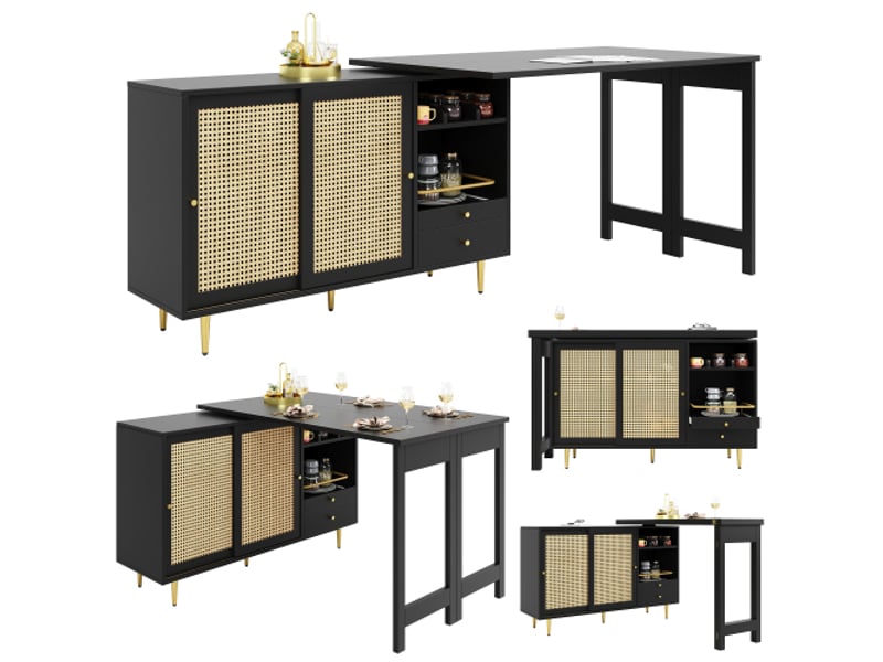  Table haute pivotante 360° extensible noire avec rangement, porte en rotin et étagère ouverte 107 x 40 x 71,4 cm  - Conforama A
