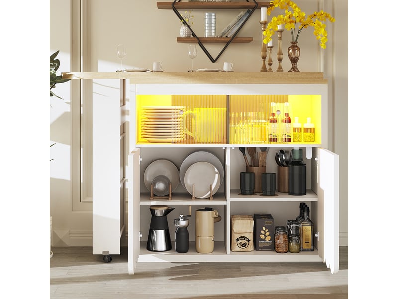  Table de bar extensible 135-205x39x100 cm, avec rangement, led, roulettes freinées et porte vitrée coulissante, mdf - blanc  - Conforama D