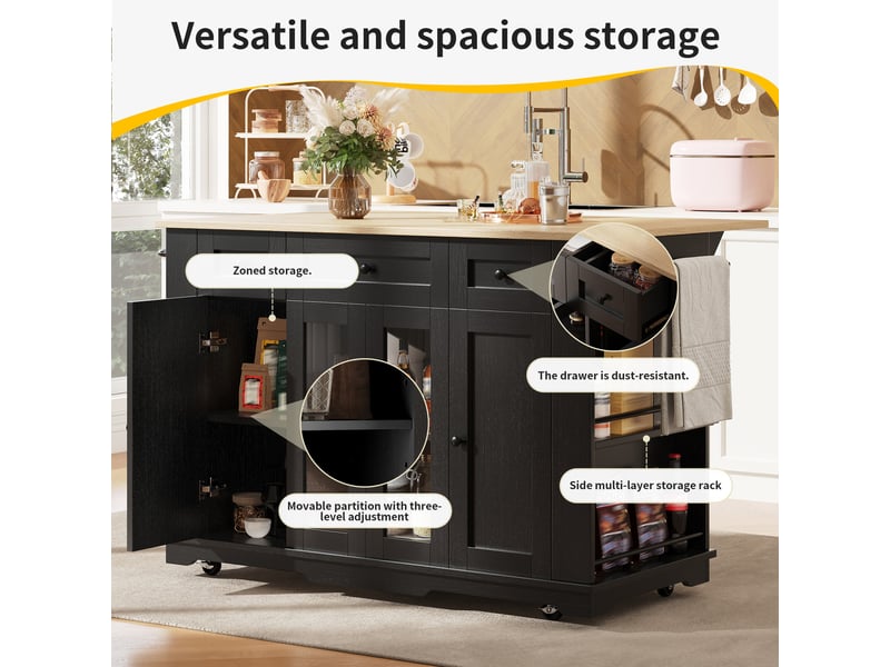 Îlot de cuisine avec plateau rabattable et rangements en mdf 151,5×60×91,7 cm noir et naturel - Conforama C