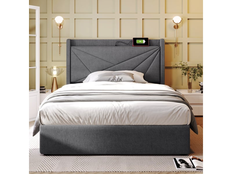  Lit avec rangement 90x200 cm, ports usb et usb-c, sommier à lattes, structure en tissu coton-lin, pour chambre enfant - gris  - Conforama E