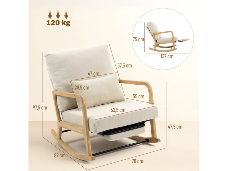  Fauteuil à bascule crème avec repose-pieds intégré, dossier réglable et coussin lombaire pour salon et chambre  - Conforama C