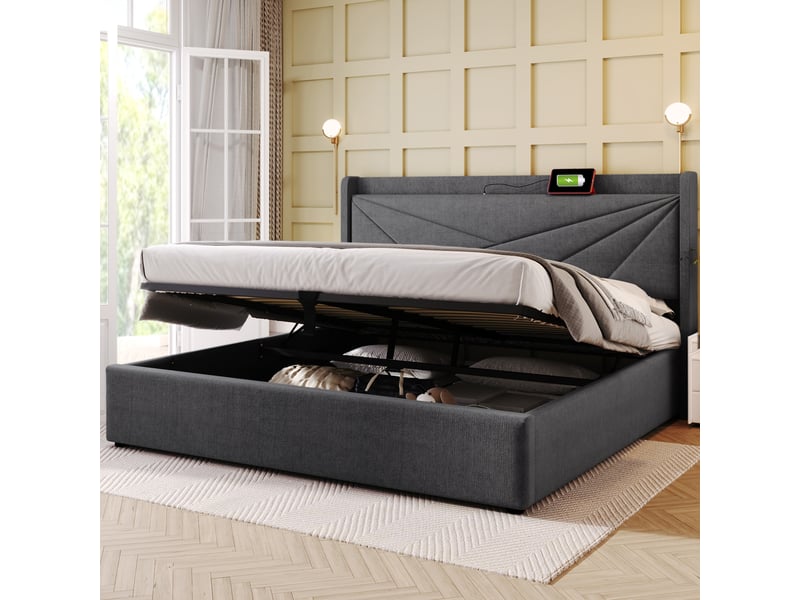  Lit rembourré double 140x200 cm en coton et lin gris avec coffre, usb type-c, tête de lit et matelas inclus  - Conforama C
