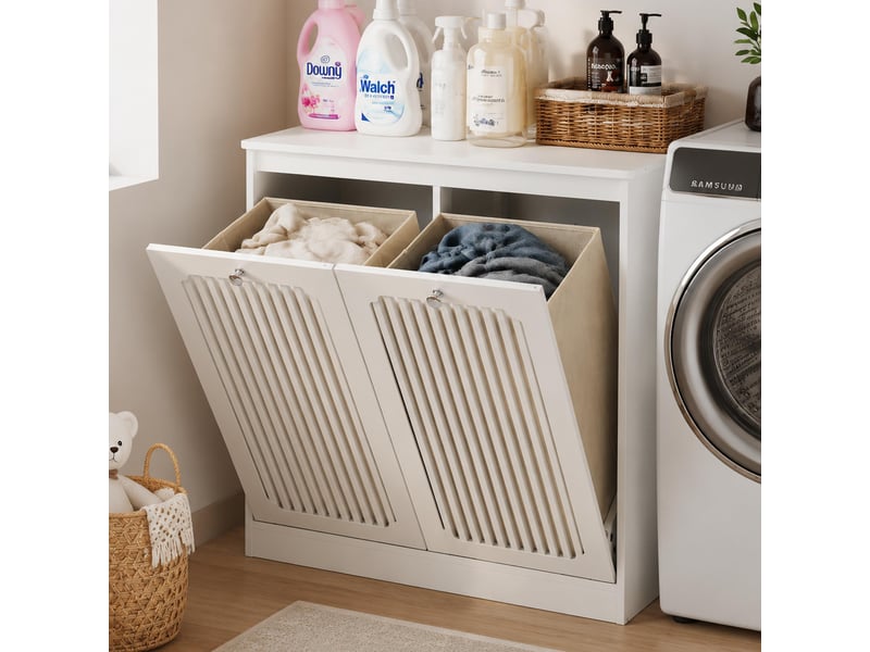  Meuble de salle de bain - 66x35x76cm - panier à linge double bacs tissu portes persiennes basculantes - blanc  - Conforama C