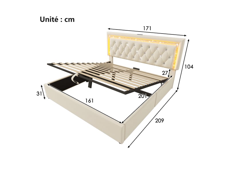  Lit coffre 160x200 cm - lit double avec led diamant et usb type-c, rangement hydraulique, velours beige - sans matelas  - Conforama C
