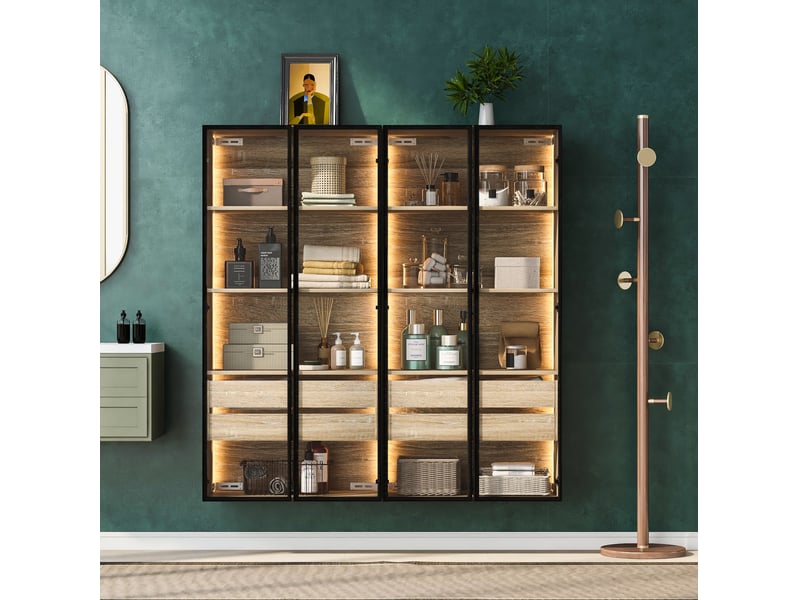  Lot de 2 meubles salle de bain h155, portes en verre dépoli, en mdf naturel, éclairage led, rangement polyvalent  - Conforama D