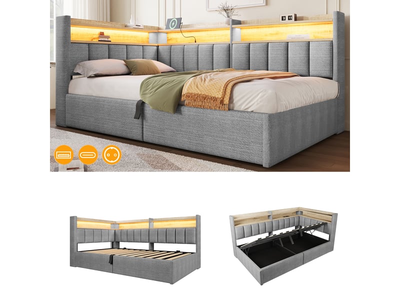  Lit banquette convertible 90x200cm avec rangement à ouverture hydraulique, éclairage led et ports usbusb-c en velours gris  - Conforama B