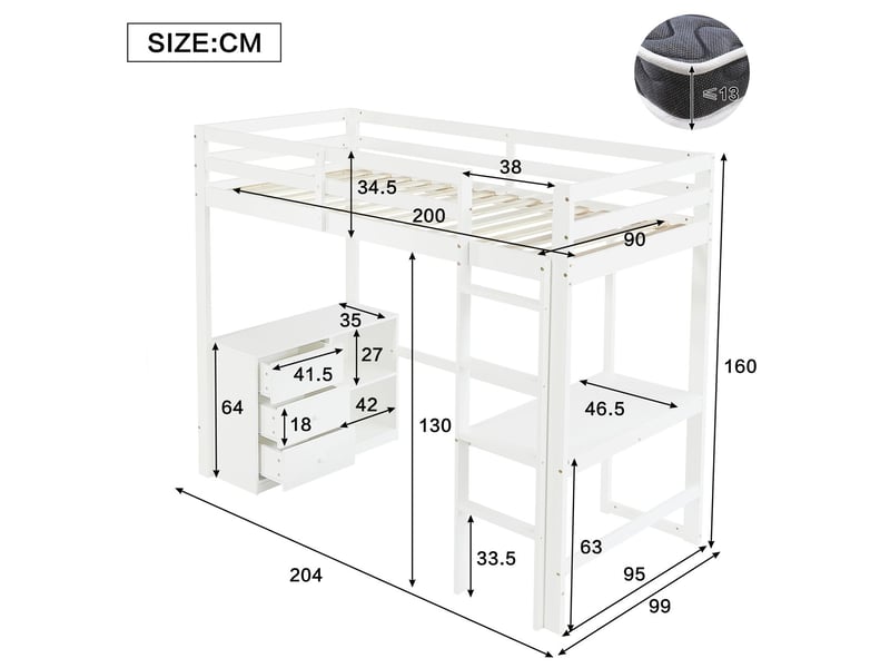 Lit mezzanine avec bureau 90 x 200 cm bureau intégré meuble à tiroirs étagère de rangement échelle à quatre marches pin et mdf blanc - Conforama C