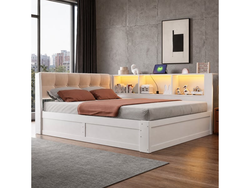  Lit coffre 140x200 cm, 209x165x83 cm, ouverture latérale, rangements, usb, led, bois et mdf, blanc sans matelas  - Conforama B