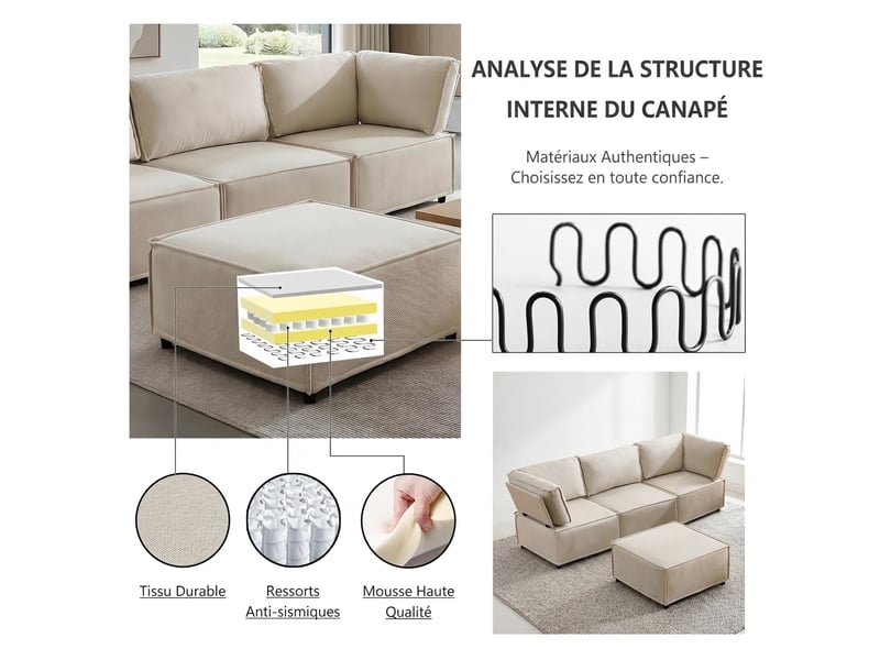  Canapé modulable beige convertible 4 places - en lin sans accoudoirs - assise mousse et ressorts  - Conforama D