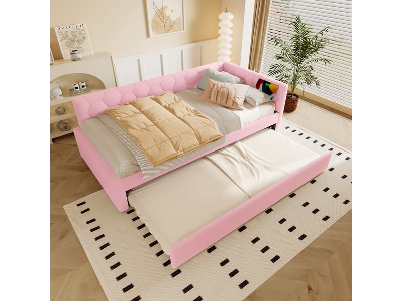  Lit enfant 90x200cm, lit gigogne avec led, charge, usb type-c, sommiers, mdf+tissu rose, sans matelas  - Conforama W