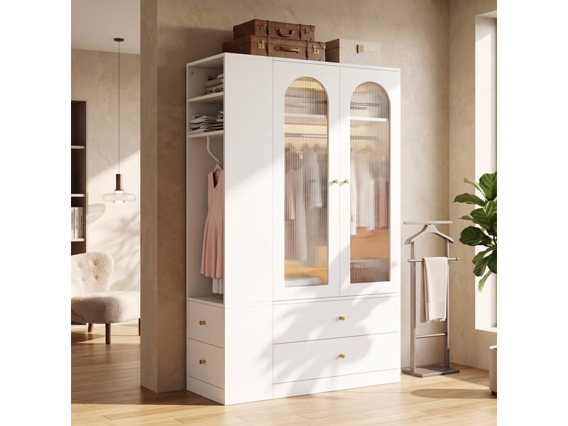 Armoire 120 x 50 x 200 cm, 2 portes vitrées, 2 tringles à vêtements, 4 tiroirs, espace de rangement, blanc Bliss Lite - Conforama D