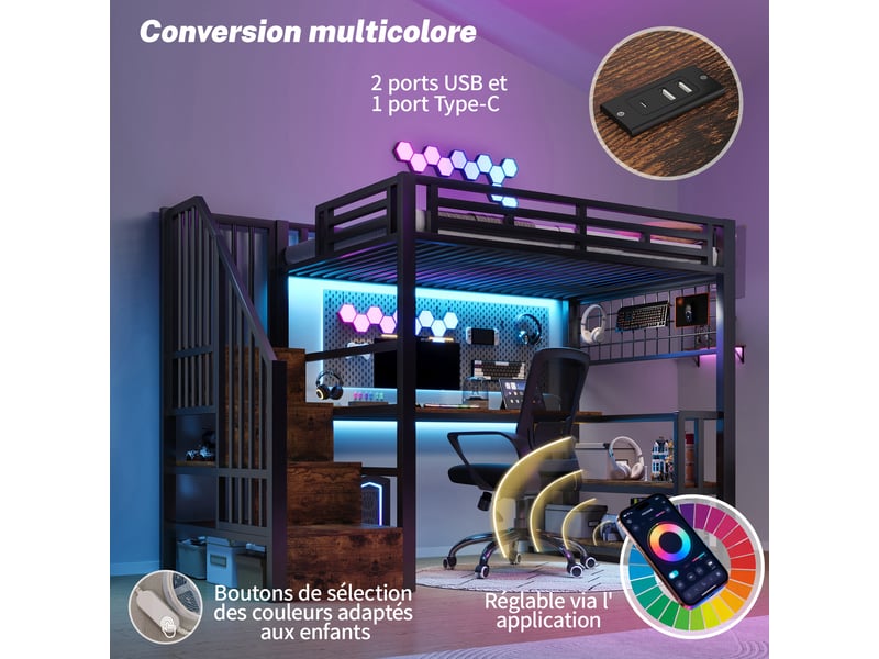  Lit mezzanine enfant 90x200 cm avec bureau intégré, rangements, led et ports usb, structure métal et mdf noir et blanc  - Conforama B