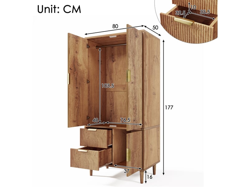  Armoire 80x50x177 cm 3 portes 2 tiroirs mdf et panneau de particules couleur chêne  - Conforama E