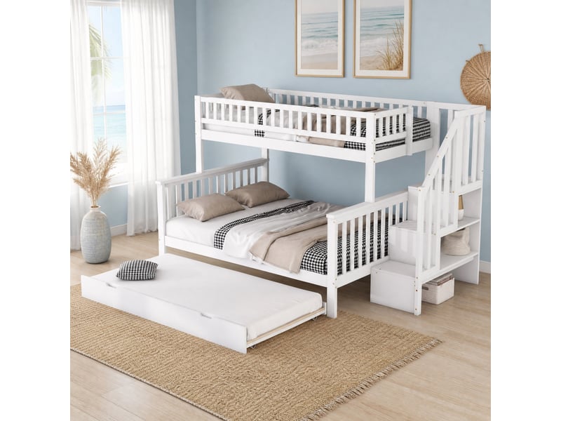 Lit superposé enfant 90x200 et 140x200 cm avec lit gigogne et escalier de rangement blanc - Conforama D