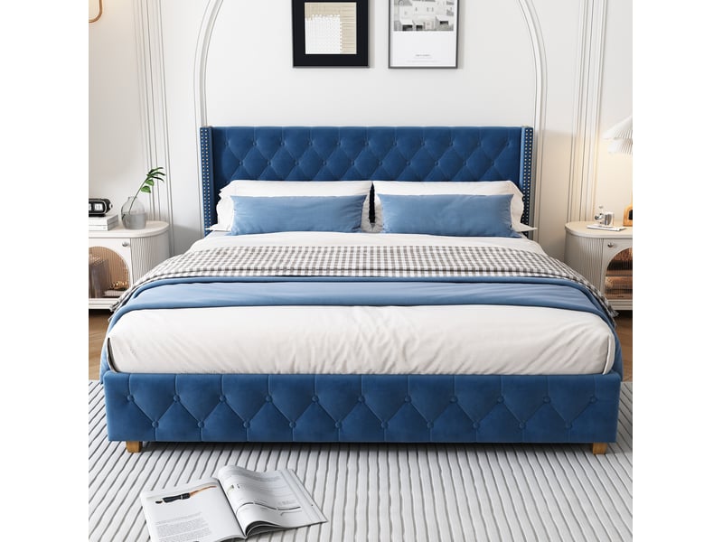  Lit rembourré tcqpz 160 x 200 cm avec sommier et tête de lit en velours bleu  - Conforama E