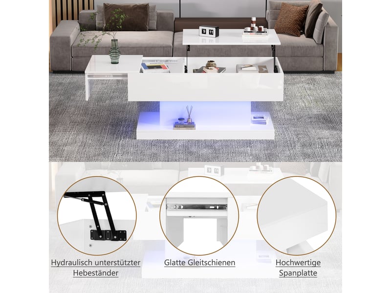  Table basse relevable led 100×50×45 cm design blanc brillant, plateau semi-relevable et coulissant, rangement intégré  - Conforama E