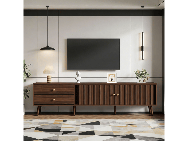  Meuble tv 180 cm noyer avec 2 tiroirs et portes coulissantes - pour tv jusqu'à 80 pouces  - Conforama D