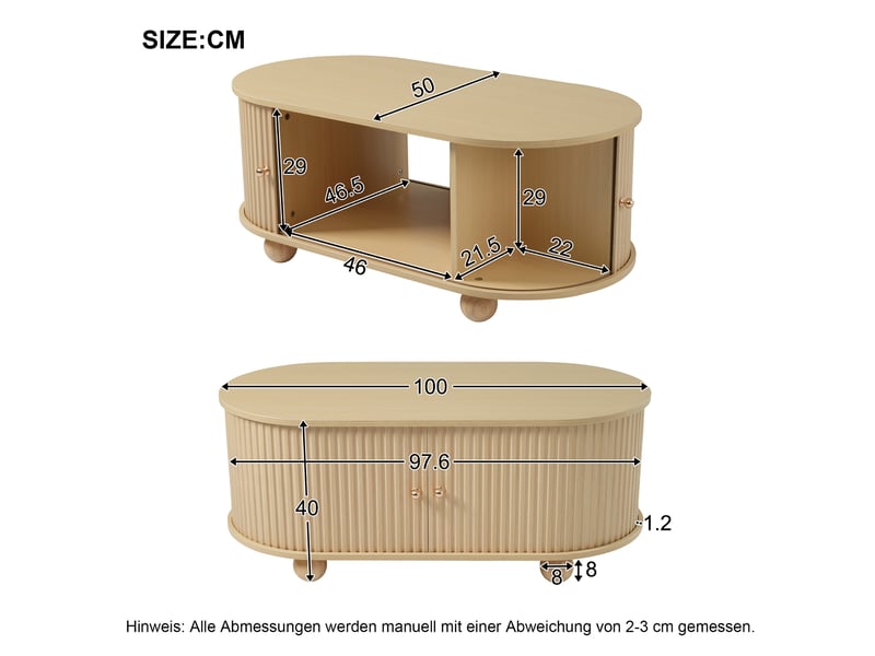  Table basse ovale bois 100x50x40 cm, table de salon mdf avec portes coulissantes, grand rangement, design moderne  - Conforama C