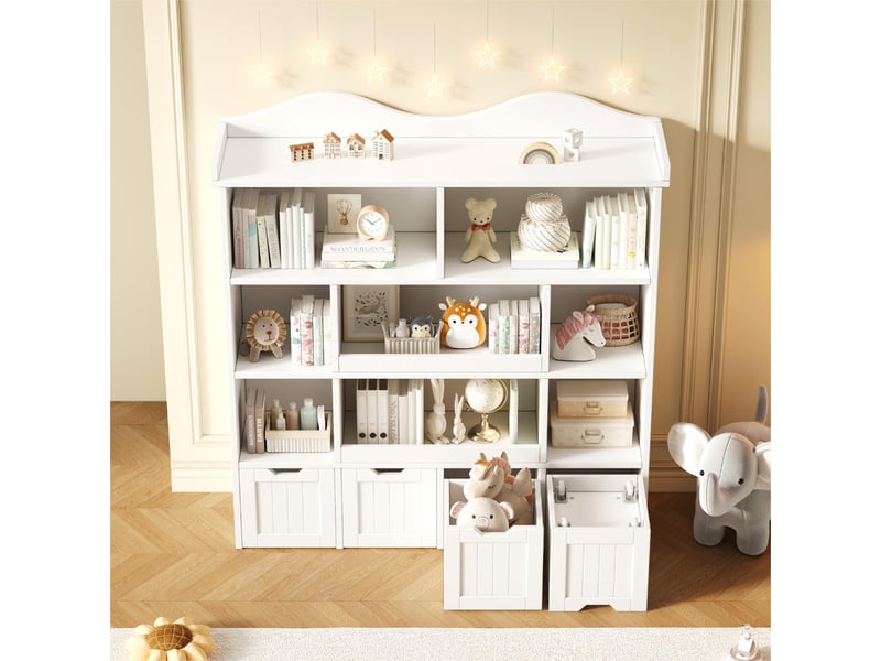 Bibliothèque enfant 120x30x131 cm, meuble de rangement pour jouets, 4 tiroirs, étagères de rangement, rangement ouvert, mdf blanc CozyNest - Conforama B