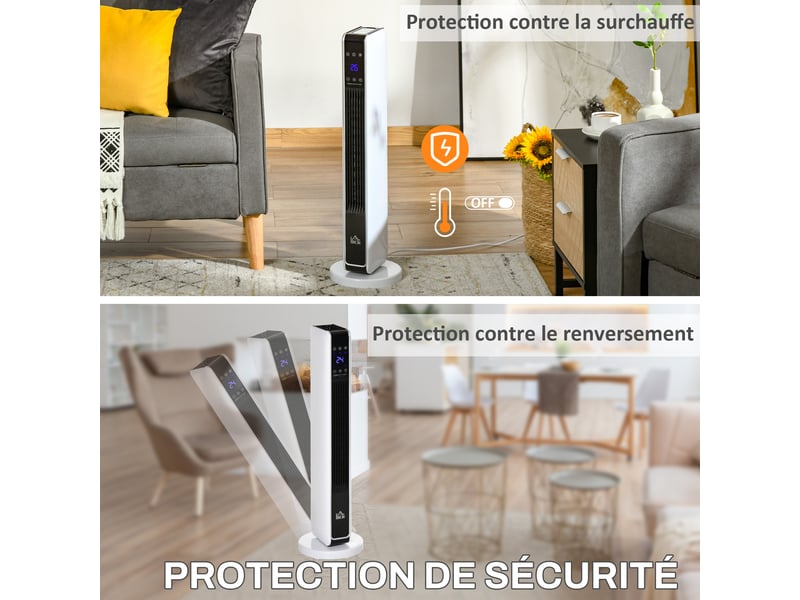  Chauffage électrique soufflant oscillant 11002200 w, céramique ptc, télécommande incluse, minuterie 8h, 21 x 21 x 73 cm  - Conforama E