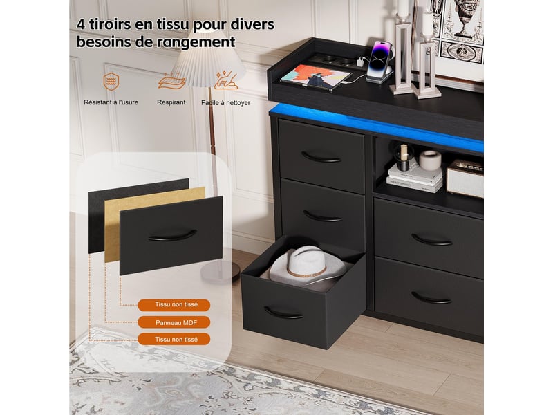  Commode 8 tiroirs - 108x30x82cm - meuble de rangement avec niche ouverte, bande led rgb réglable, style gamer - noir  - Conforama D