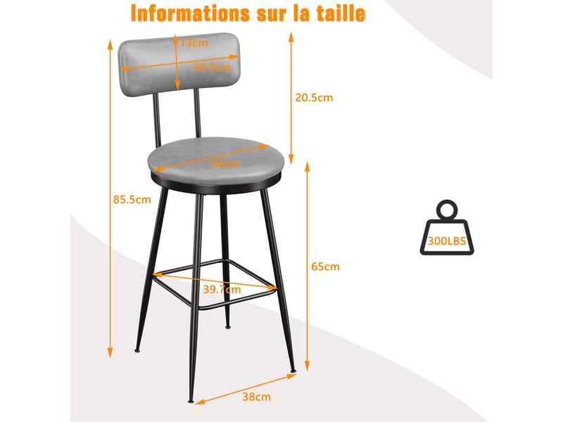  Lot de 4 tabourets de bar - 38x39.7x85.5cm - chaises de bar industrielles vintage en cuir pu - gris foncé  - Conforama E