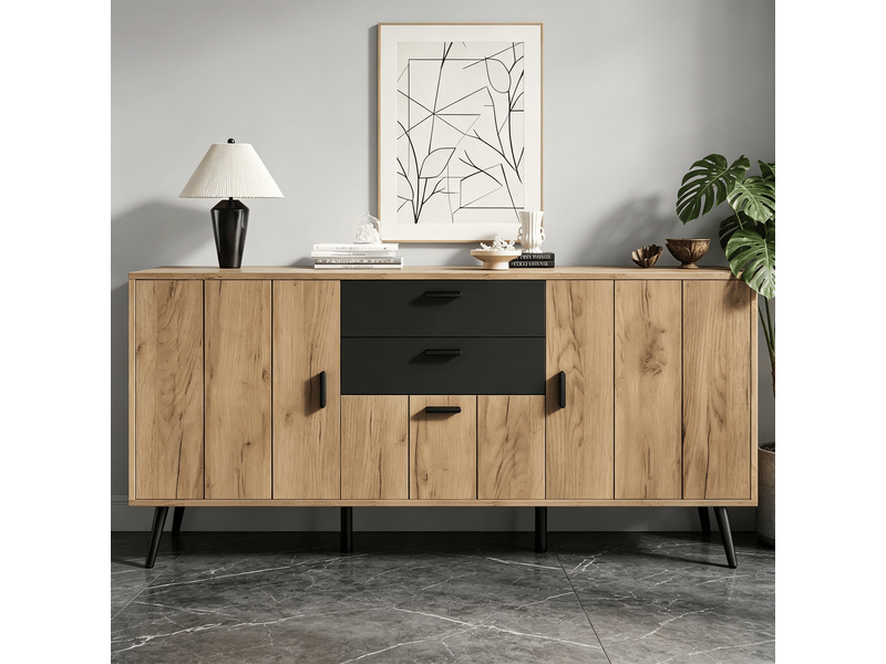  Buffet bas moderne 140x35x67 cm avec grand plateau, commode de rangement avec 2 tiroirs, 3 portes, salon, salle à manger, cuisine, noir et effet bois Seren Glow - Conforama B