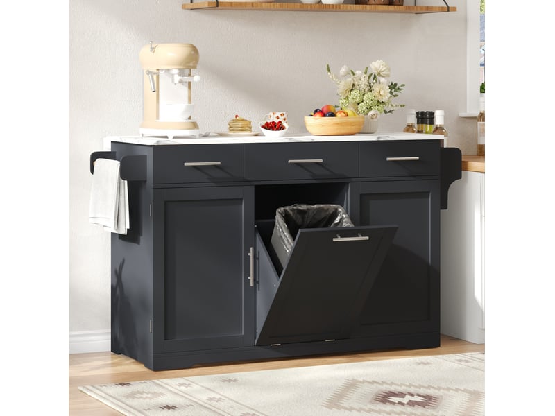  Desserte de cuisine avec 3 tiroirs, 2 portes, poubelle intégrée, prises usb et roulettes, pour cuisine et salle à manger  - Conforama C