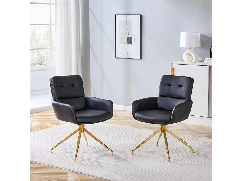  Chaise pivotante 360° silencieuse avec dossier capitonné et pieds métalliques dorés en pu noir, lot de 2  - Conforama B