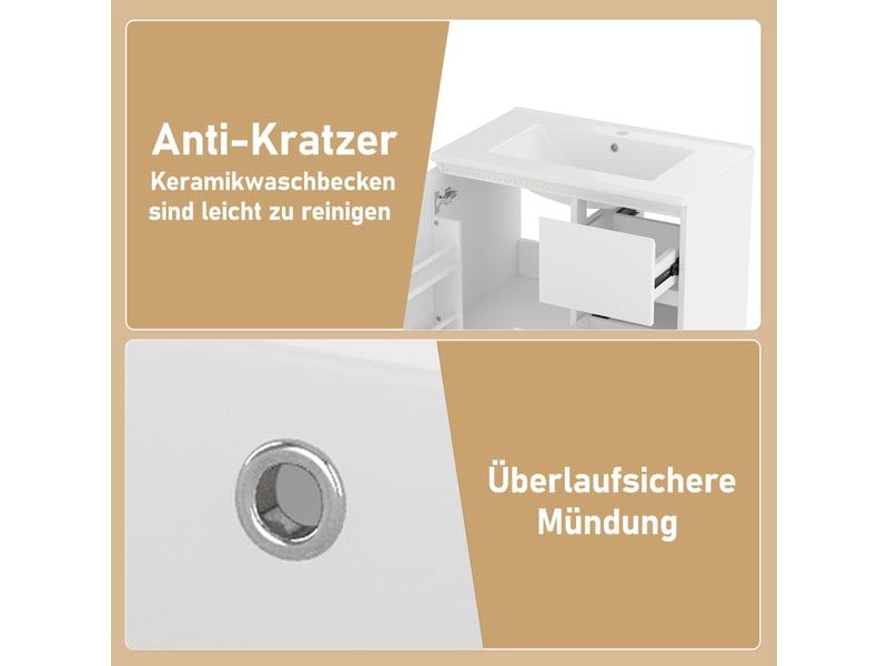 Meuble sous vasque mural avec 1 tiroir, 2 portes et éclairage led radar pour salle de bain, mdf blanc 76×46×50 cm - Conforama E