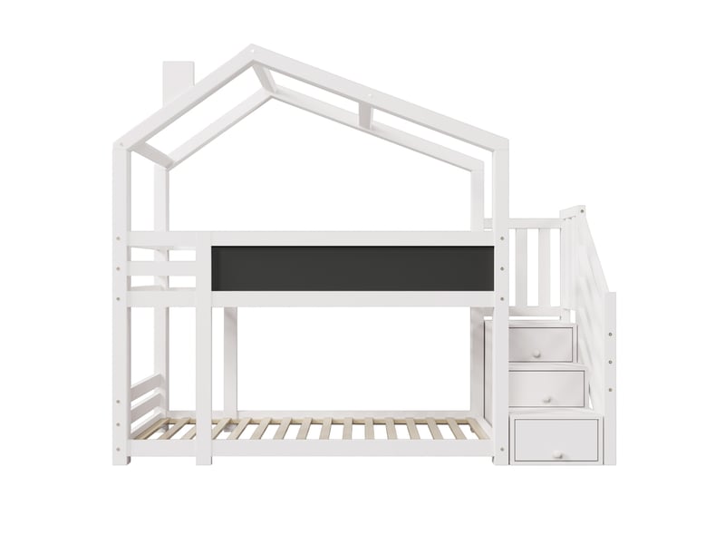 Lit superposé enfant 2x90x200 cm – blanc – escalier de rangement, tableau et 2 sommiers inclus - sans matelas  - Conforama D