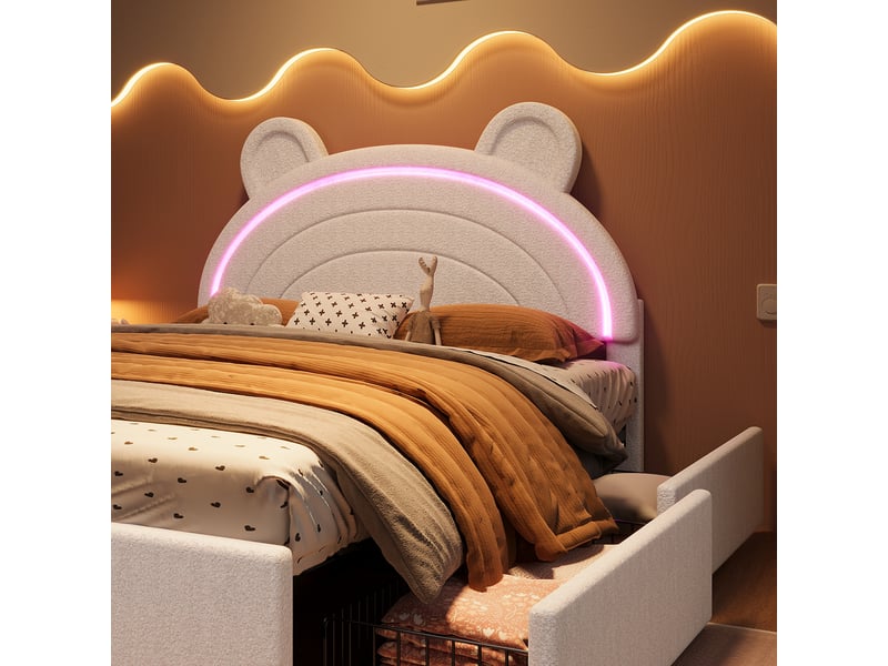  Lit enfant rembourré en velours beige 90 x 200 cm  - Conforama D