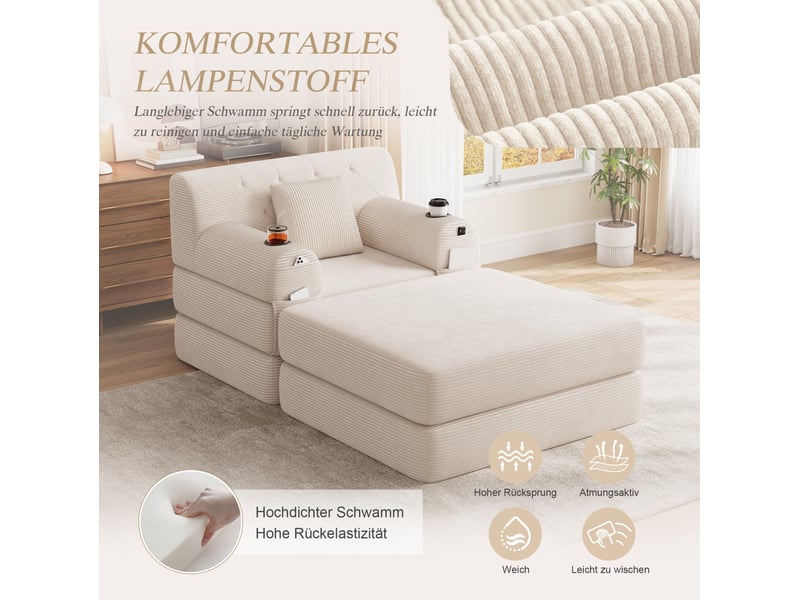  Fauteuil-lit convertible 1 place avec dossier haut, 4 poches et 2 porte-gobelets en velours côtelé beige  - Conforama D