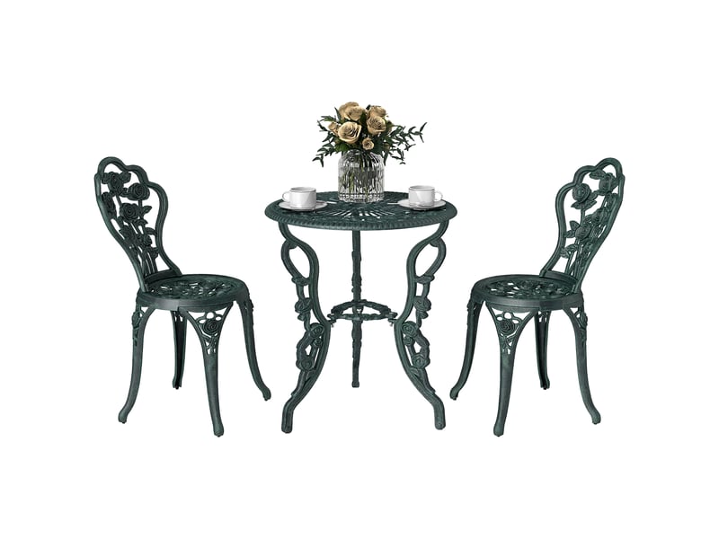  Ensemble salon de jardin 2 places 2 chaises + table ronde style néo-rétro motif rose lignes fuselées fonte  - Conforama B