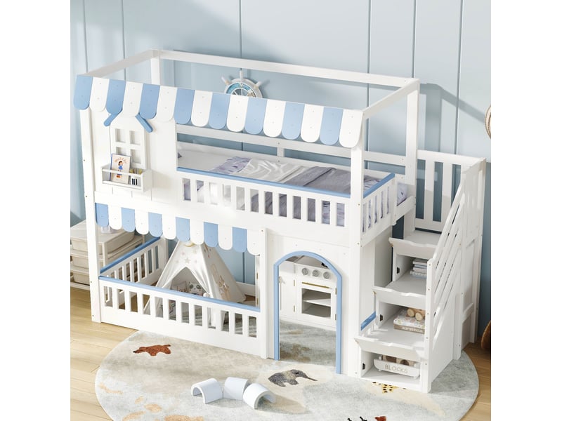  Lit superposé enfant blanc et bleu 90 x 200 cm avec escalier de rangement  - Conforama D