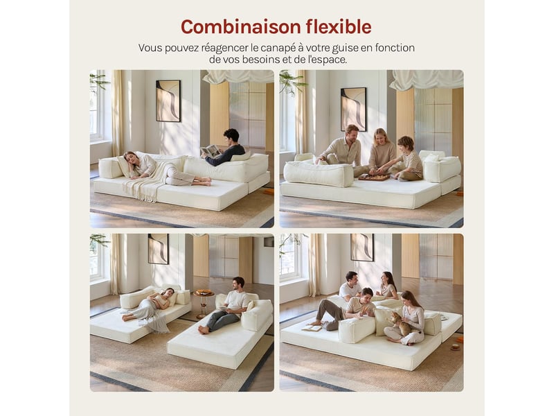 Canapé-lit convertible 3 places, sofa de sol modulaire, avec coussins amovibles,207x106x68cm,beige - Conforama E
