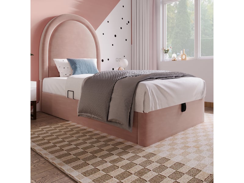  Lit coffre enfant 200×90 cm avec rangement sous le sommier, sans matelas, en velours rose avec tête de lit arrondie  - Conforama C