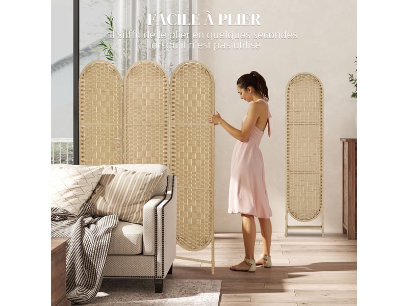  Paravent interieur ovale 3 panneaux 120 x 170 cm séparateur de pièce pliable, bois naturel, léger et tissé  - Conforama W